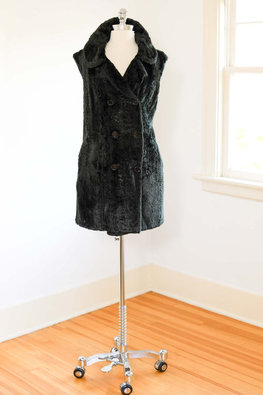 Vintage 1960s WILD Faux Fur Mini Dress - VOLUP Black Teddy Bear Mod Double-Breasted Tunic or Dress Size L to XL