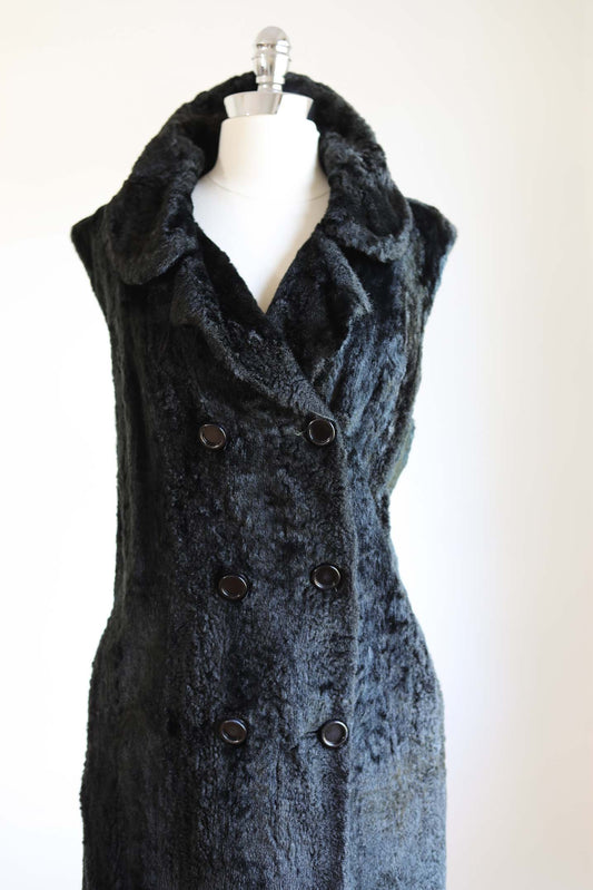 Vintage 1960s WILD Faux Fur Mini Dress - VOLUP Black Teddy Bear Mod Double-Breasted Tunic or Dress Size L to XL