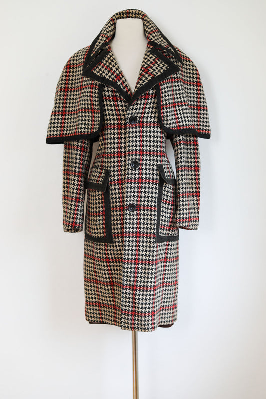 Vintage 1960s Designer Coat w Cape - RARE Sherlock Holmes Black Red Houndstooth Plaid Wool + Large Cloak Coat Size S to M