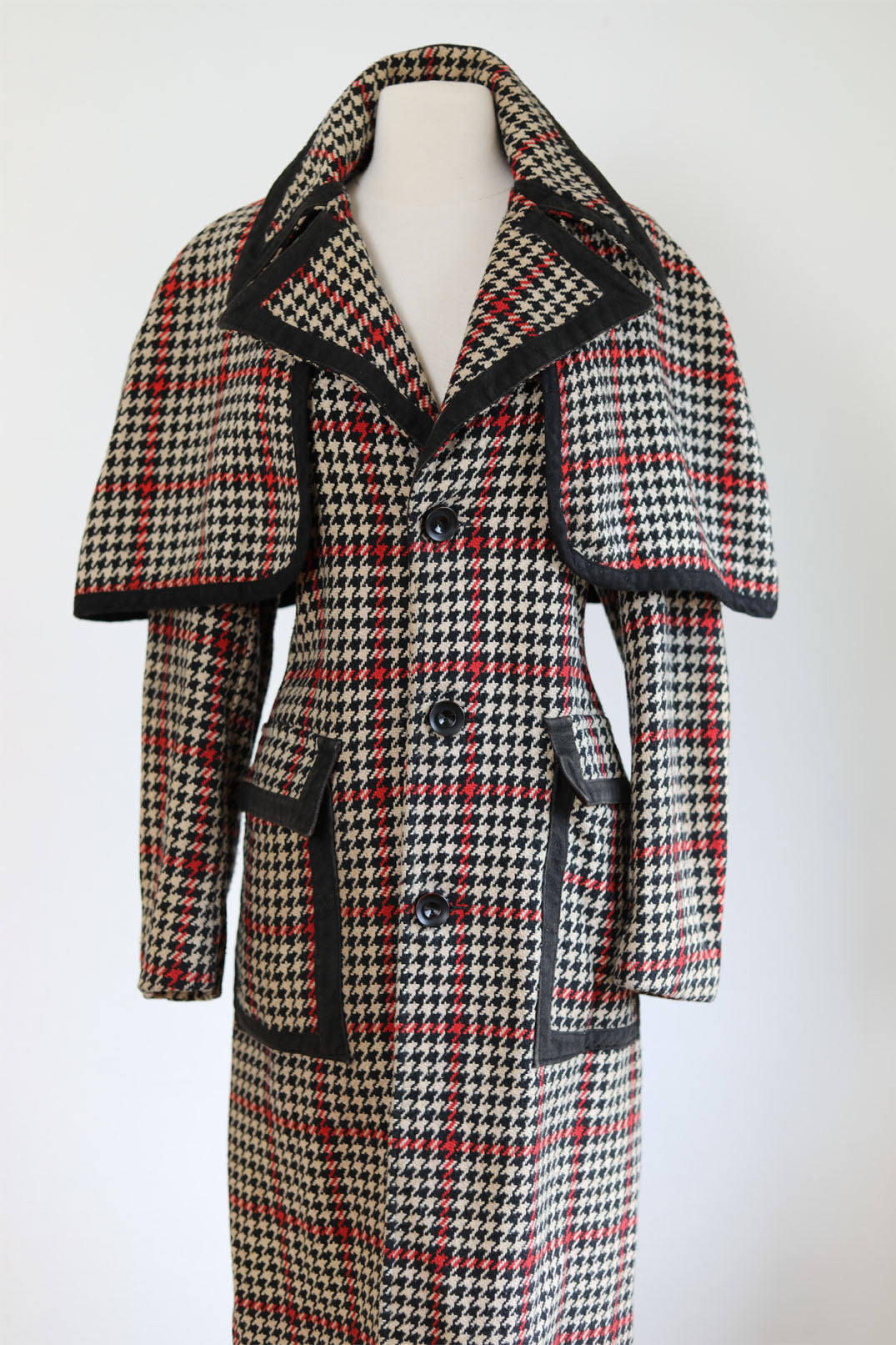 Vintage 1960s Designer Coat w Cape - RARE Sherlock Holmes Black Red Houndstooth Plaid Wool + Large Cloak Coat Size S to M