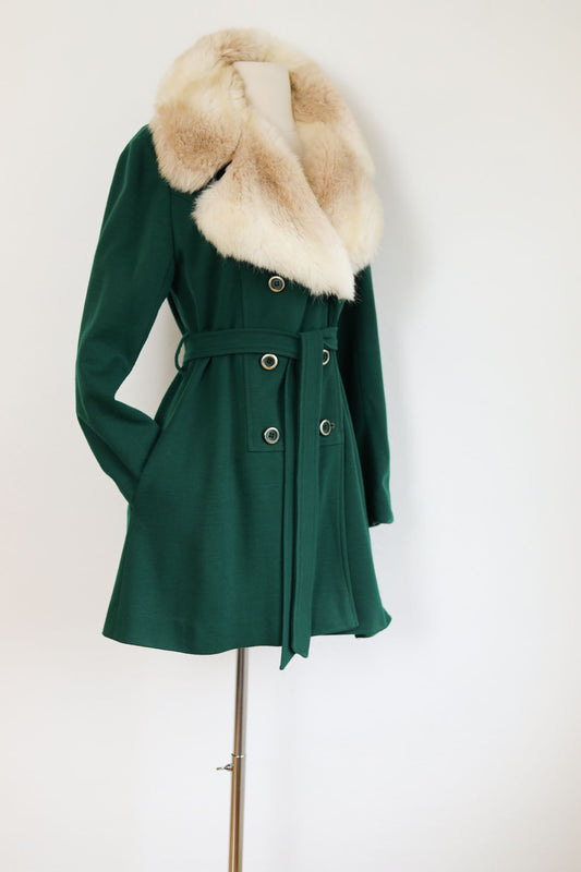 Vintage 1970s Green Princess Coat - Adorable Emerald Belted Car Coat w Lush Faux Fur Blonde Collar Size S to M