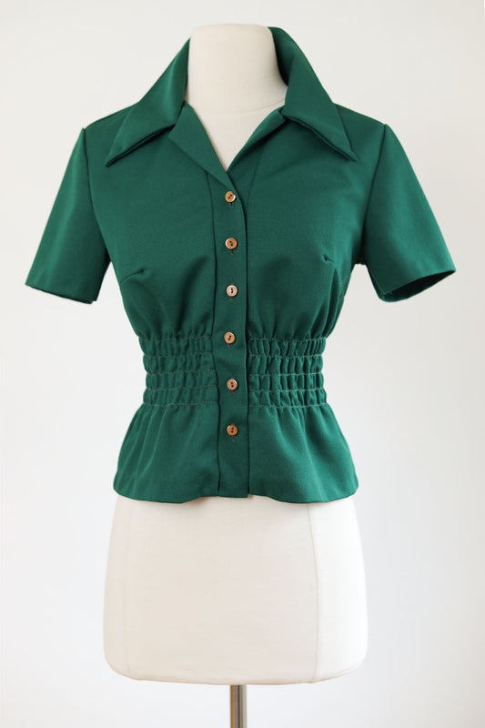 Vintage 1970s Blouse - Cute Pine Green Wasp Waist Cropped Top Size S