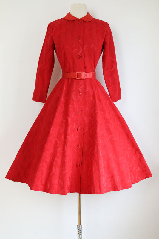 Vintage 1950s Dress - Mysterious Crescent Brocade + Satin Lipstick Red Tea Length Designer Party Dress Size XS to S