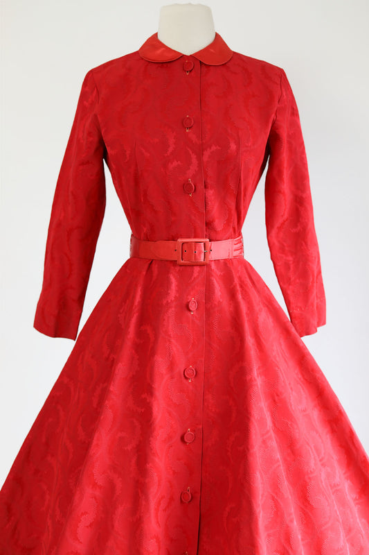 Vintage 1950s Dress - Mysterious Crescent Brocade + Satin Lipstick Red Tea Length Designer Party Dress Size XS to S