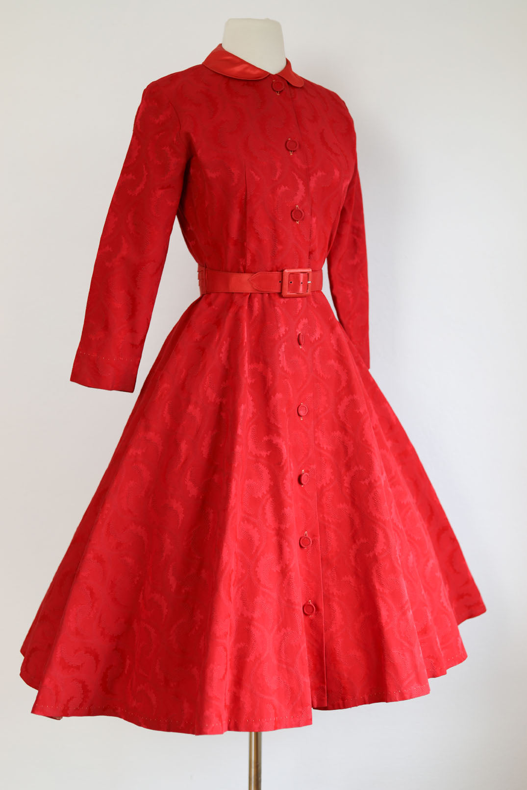 Vintage 1950s Dress - Mysterious Crescent Brocade + Satin Lipstick Red Tea Length Designer Party Dress Size XS to S