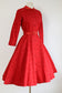 Vintage 1950s Dress - Mysterious Crescent Brocade + Satin Lipstick Red Tea Length Designer Party Dress Size XS to S