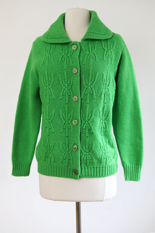 Vintage 1960s Wool Sweater - Apple Green Chunky Knit w Guitar Pick Lucite Buttons Size M to L