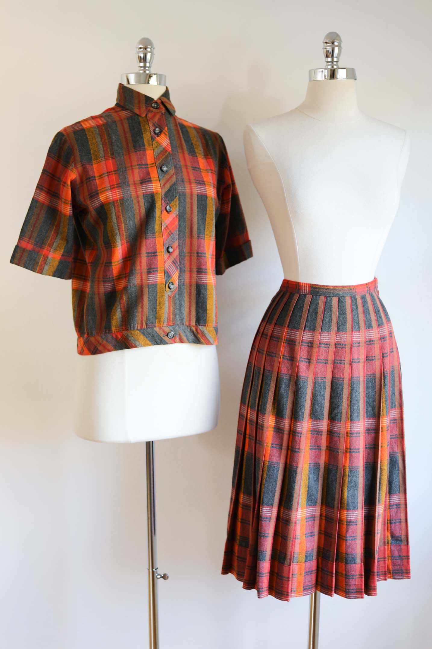 Vintage 1950s Jacket + Skirt Suit - AUTUMN RAINBOW Wool Plaid Flannel Blouse + Reversible Skirt Set Size S to M