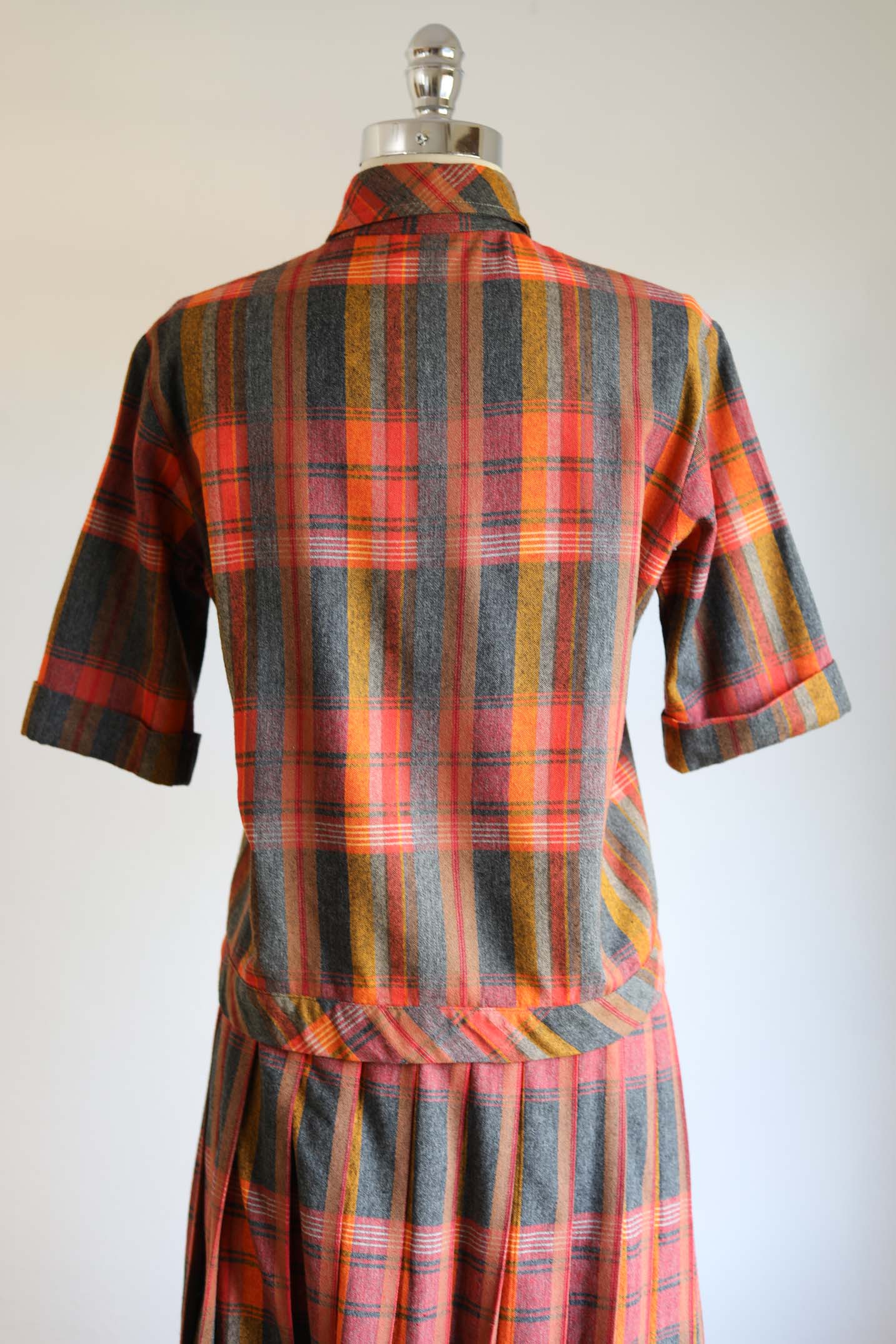 Vintage 1950s Jacket + Skirt Suit - AUTUMN RAINBOW Wool Plaid Flannel Blouse + Reversible Skirt Set Size S to M