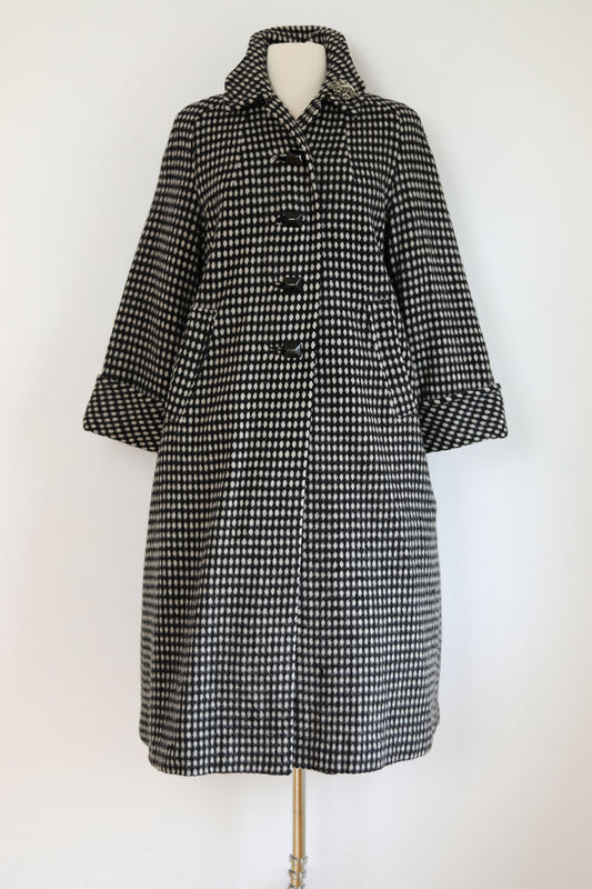 Vintage 1950s Swing Coat - Black Wool Ivory White Mohair Polka Dots Overcoat w BIG Bakelite Buttons Size M to L