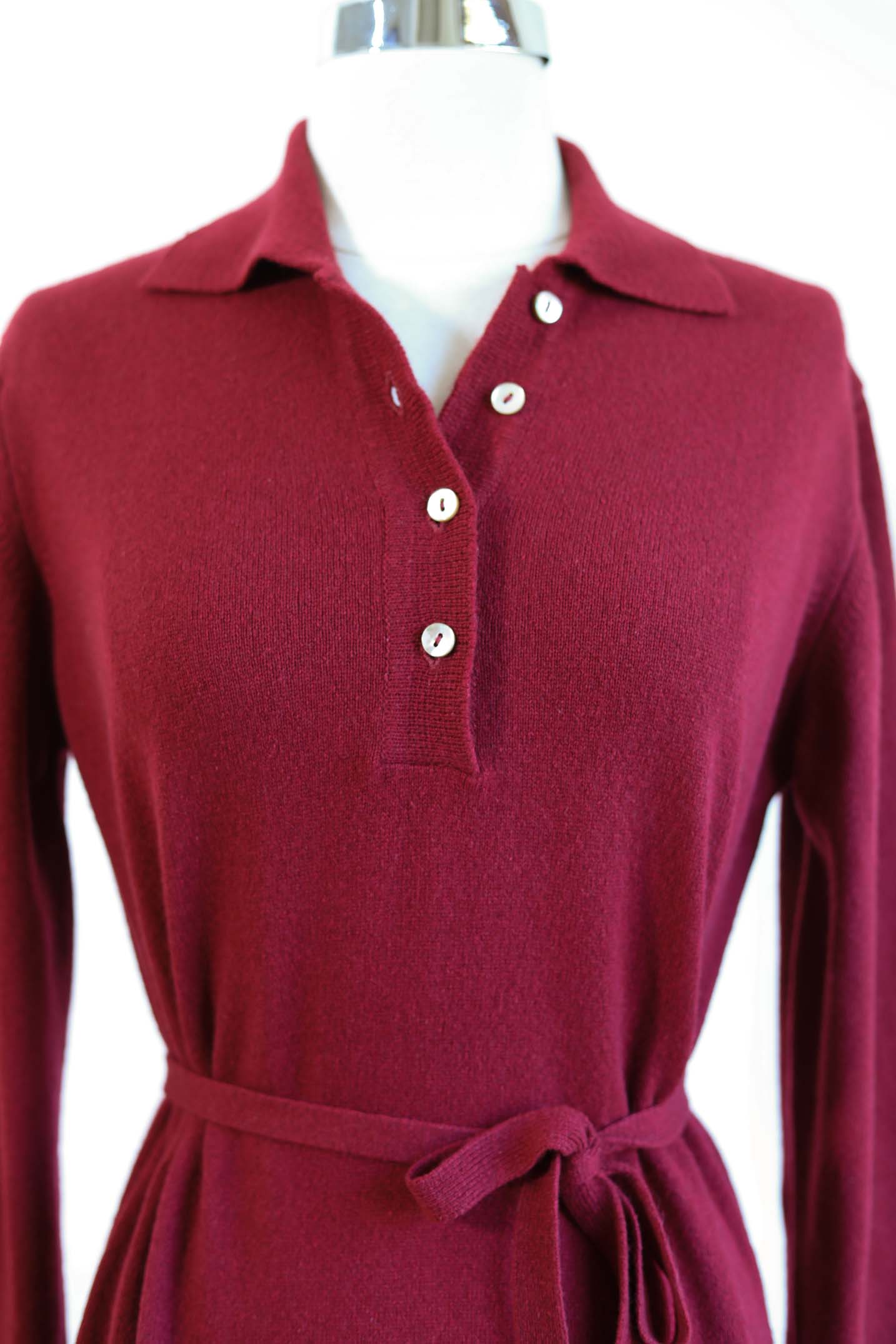 Vintage 1960s to 1970s Cashmere Knit Dress - Deep Wine Red Designer Curve-Hugger w Belt Size M to XL