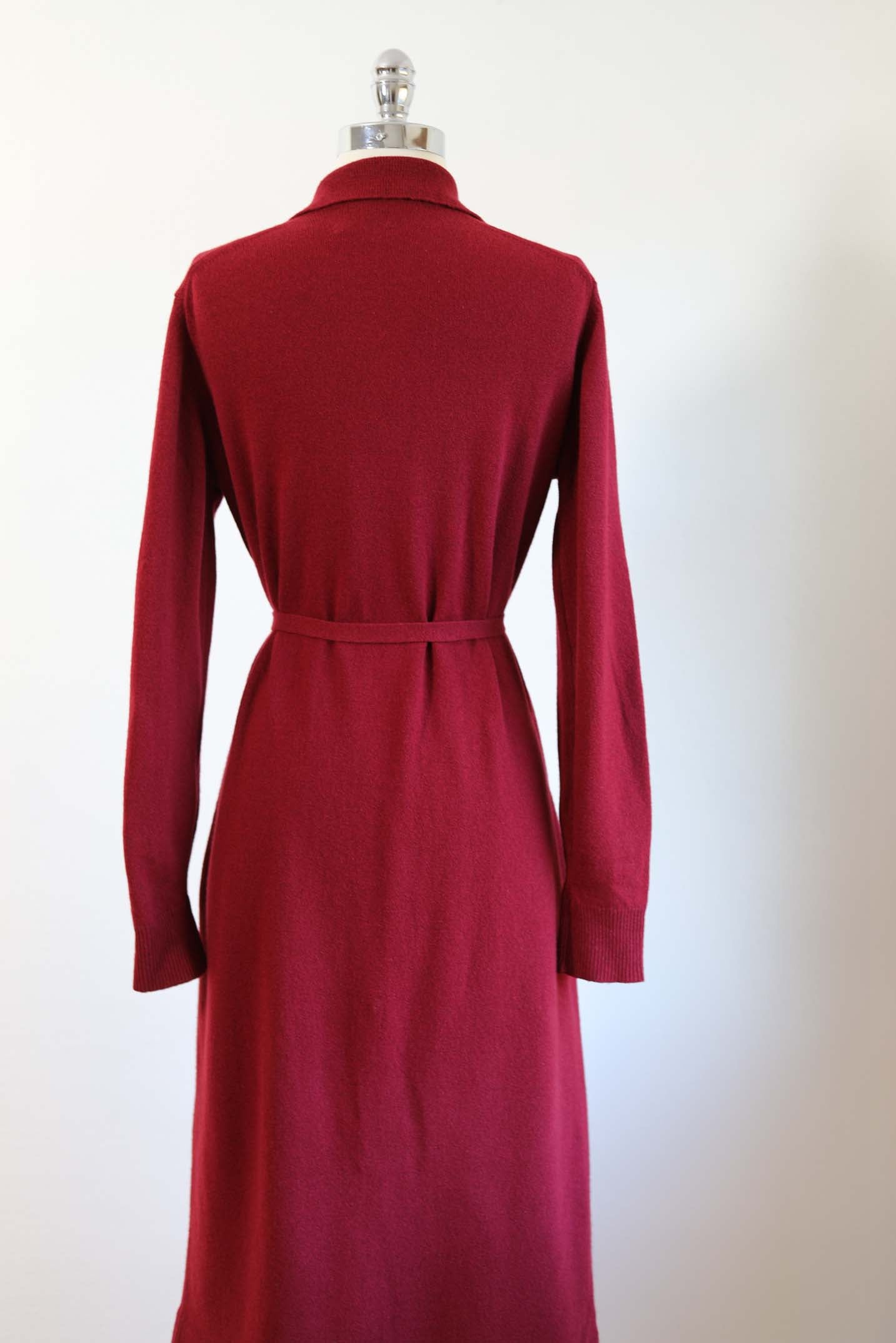 Vintage 1960s to 1970s Cashmere Knit Dress - Deep Wine Red Designer Curve-Hugger w Belt Size M to XL