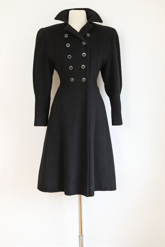 Vintage 1940s Princess Coat - Military-Influenced Black Goth Bishop Sleeve Wool Coat w 14 Bakelite Buttons Size XS to S