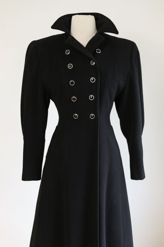 Vintage 1940s Princess Coat - Military-Influenced Black Goth Bishop Sleeve Wool Coat w 14 Bakelite Buttons Size XS to S