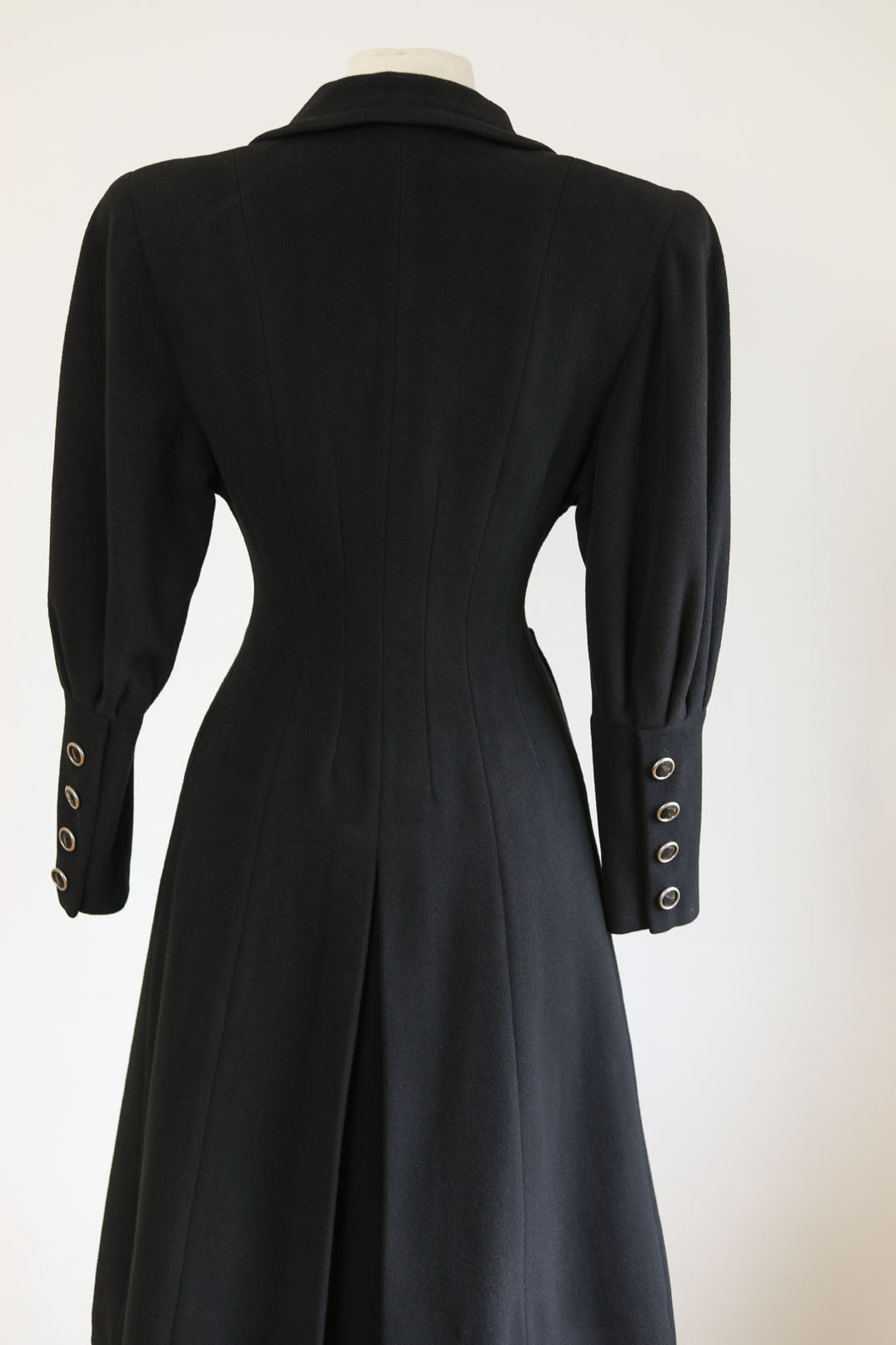 HALF-OFF SALE! Vintage 1940s Princess Coat - Military-Influenced Black Goth Bishop Sleeve Wool Coat w 14 Bakelite Buttons Size XS to S