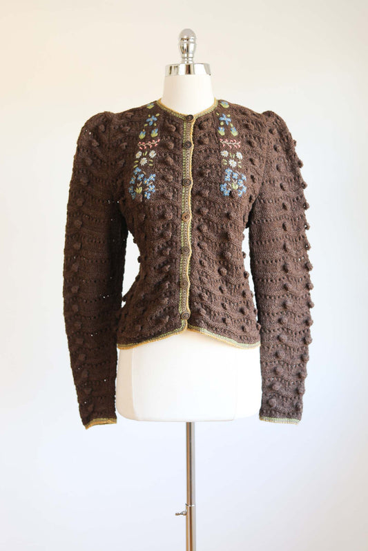 Vintage 1980s Early Label Wolkenstricker Sweater - HIGH END Pure Wool Hand-Knit Chocolate Embroidered Austrian Folk Puff Sleeve Cardigan Size S to M