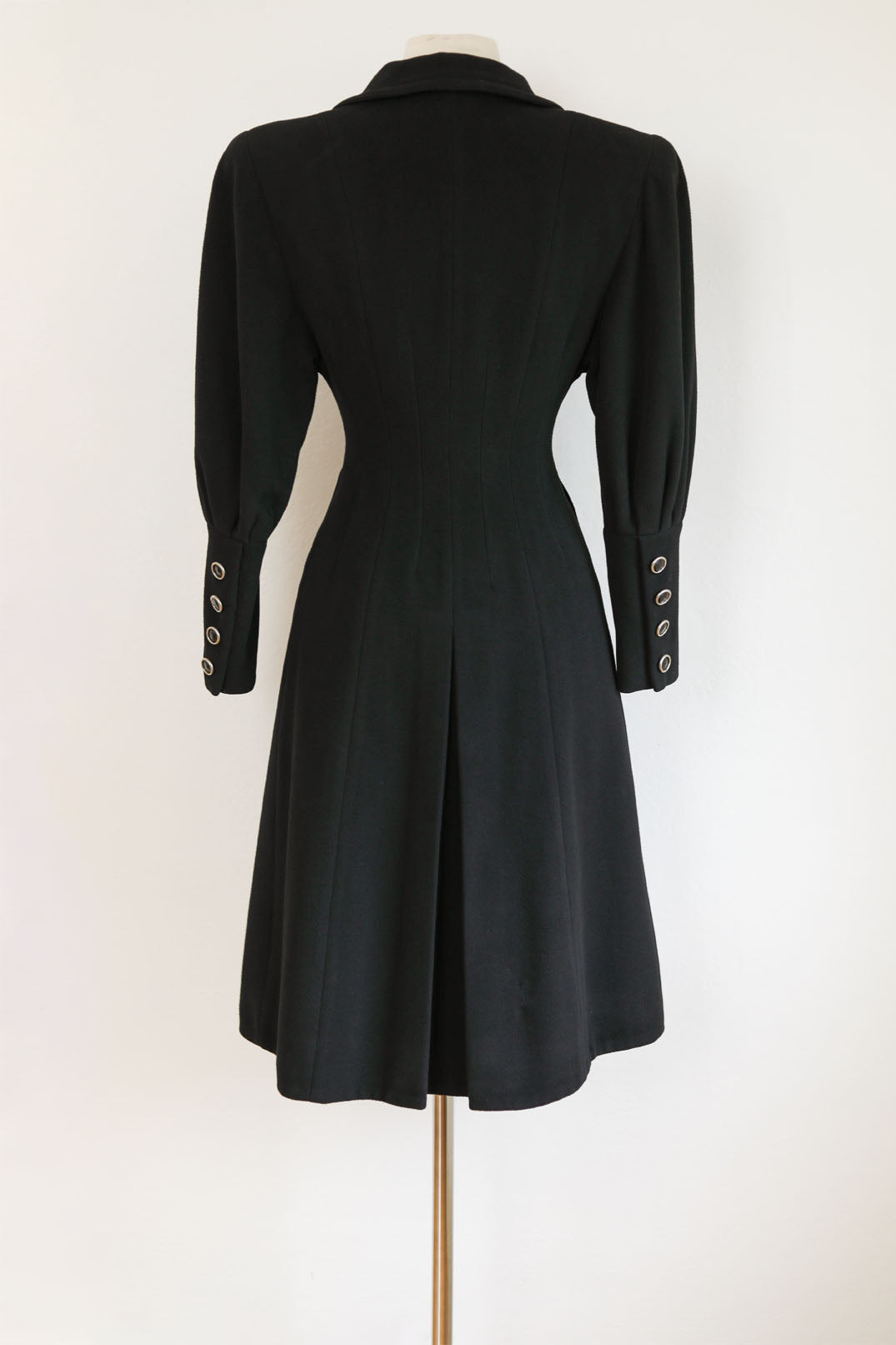 HALF-OFF SALE! Vintage 1940s Princess Coat - Military-Influenced Black Goth Bishop Sleeve Wool Coat w 14 Bakelite Buttons Size XS to S