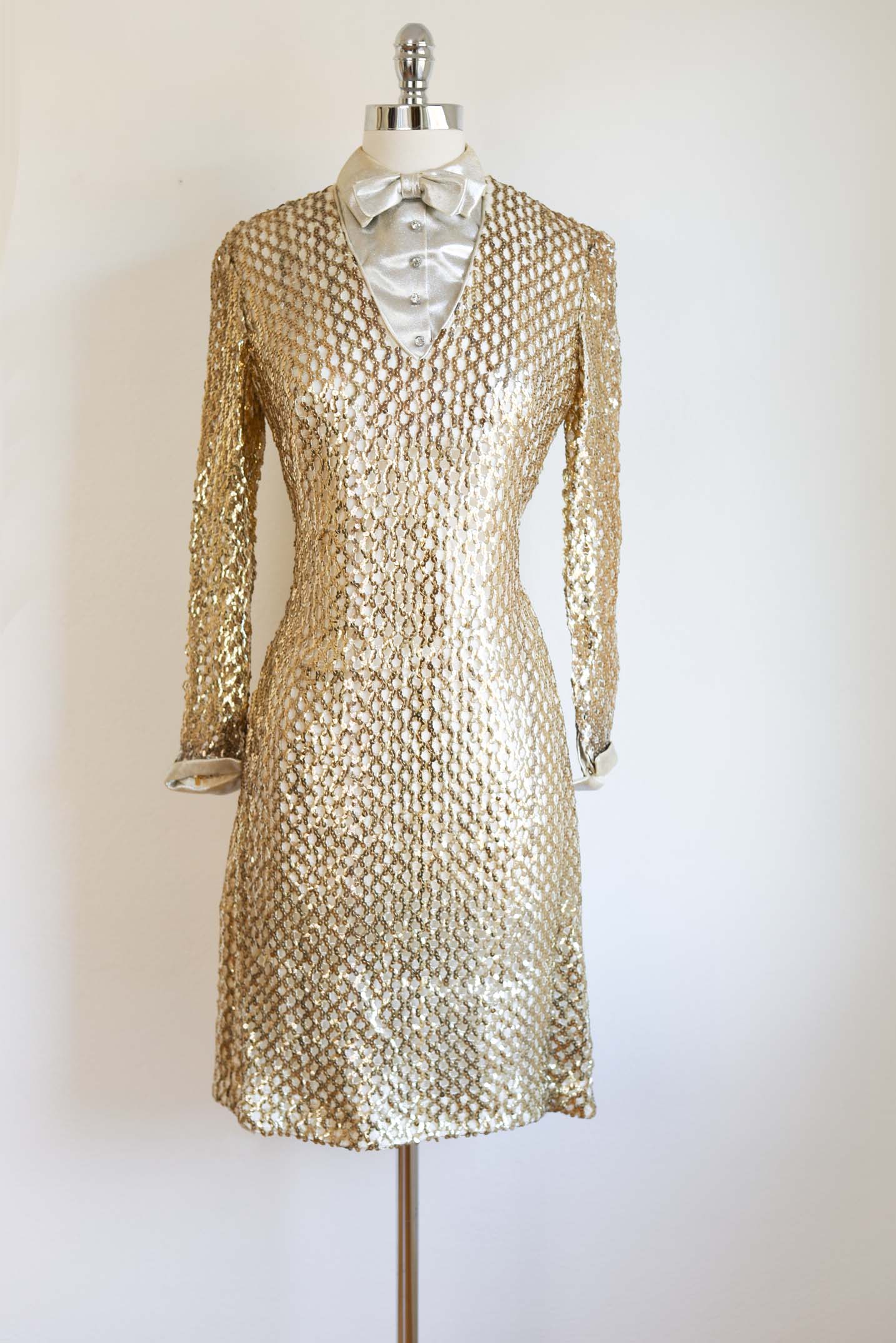 Vintage 1960s Tuxedo Cocktail Dress - PUTTIN' ON THE RITZ Gold Sequin Fishnet/Crochet Knit w Optional Silver Lurex Bow Tie Dicky + Rhinestones Size S - M