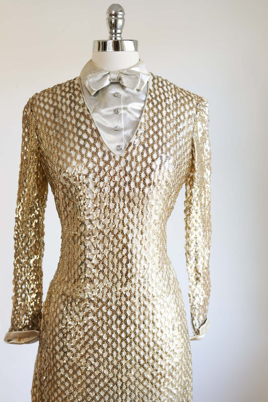 Vintage 1960s Tuxedo Cocktail Dress - PUTTIN' ON THE RITZ Gold Sequin Fishnet/Crochet Knit w Optional Silver Lurex Bow Tie Dicky + Rhinestones Size S - M