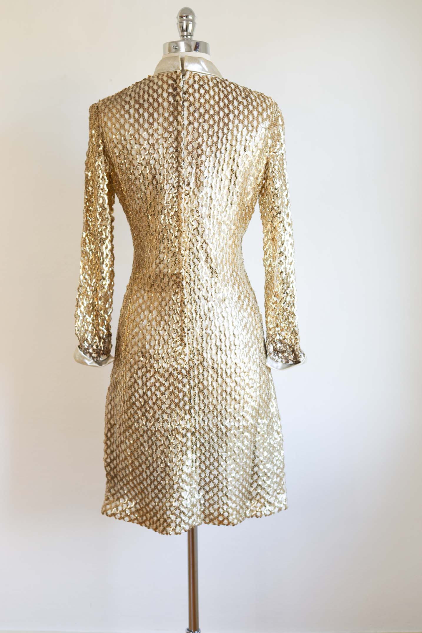 Vintage 1960s Tuxedo Cocktail Dress - PUTTIN' ON THE RITZ Gold Sequin Fishnet/Crochet Knit w Optional Silver Lurex Bow Tie Dicky + Rhinestones Size S - M