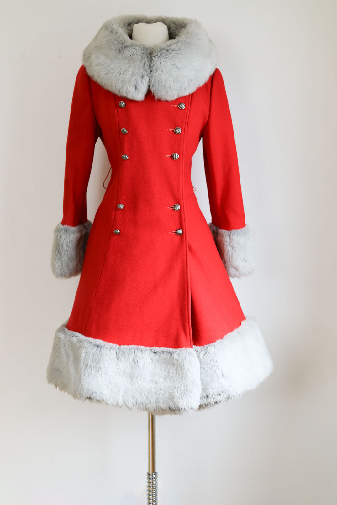 Vintage 1970s Princess Coat - Amazingly Beautiful Mod Crimson Red Wool + Frost Faux Fur Belted Overcoat Size S to M