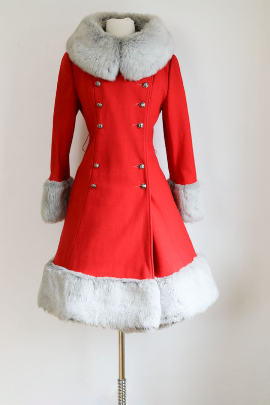Vintage 1970s Princess Coat - Amazingly Beautiful Mod Crimson Red Wool + Frost Faux Fur Belted Overcoat Size S to M