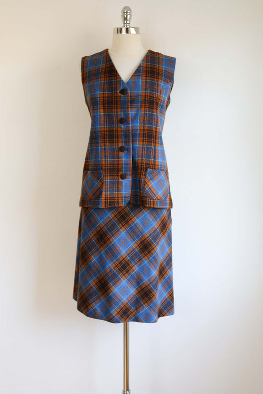 Vintage 1960s Vest + Skirt Suit - COZY LIBRARIAN Blue Yellow Tan Wool Plaid Waistcoat Size M