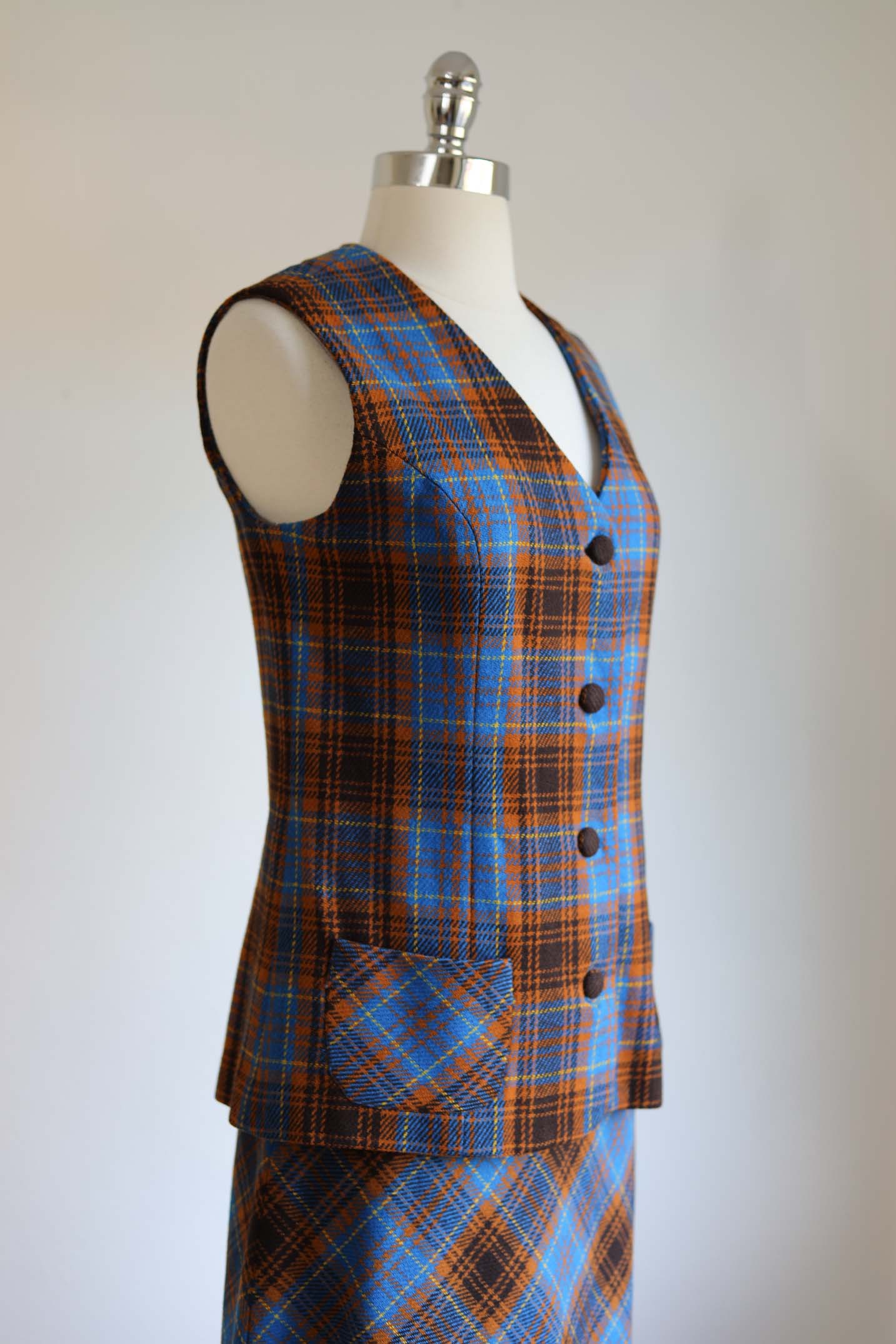 Vintage 1960s Vest + Skirt Suit - COZY LIBRARIAN Blue Yellow Tan Wool Plaid Waistcoat Size M