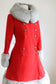 Vintage 1970s Princess Coat - Amazingly Beautiful Mod Crimson Red Wool + Frost Faux Fur Belted Overcoat Size S to M