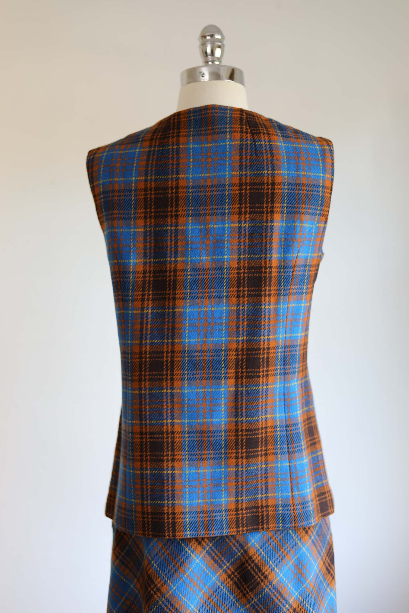 Vintage 1960s Vest + Skirt Suit - COZY LIBRARIAN Blue Yellow Tan Wool Plaid Waistcoat Size M