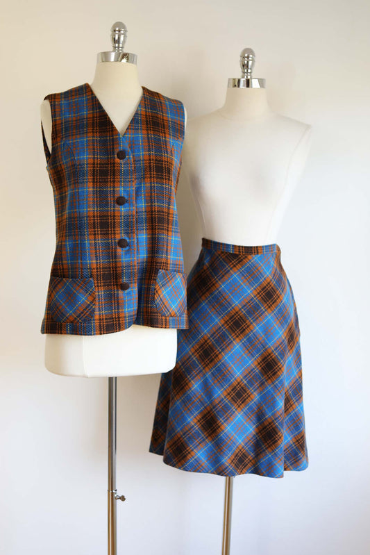 Vintage 1960s Vest + Skirt Suit - COZY LIBRARIAN Blue Yellow Tan Wool Plaid Waistcoat Size M