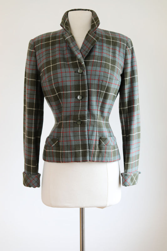 Vintage 1940s Sporty Plaid Jacket - Gorgeous Cropped British Moss Green Grey Red Plaid Sculpted Blazer Size S to M