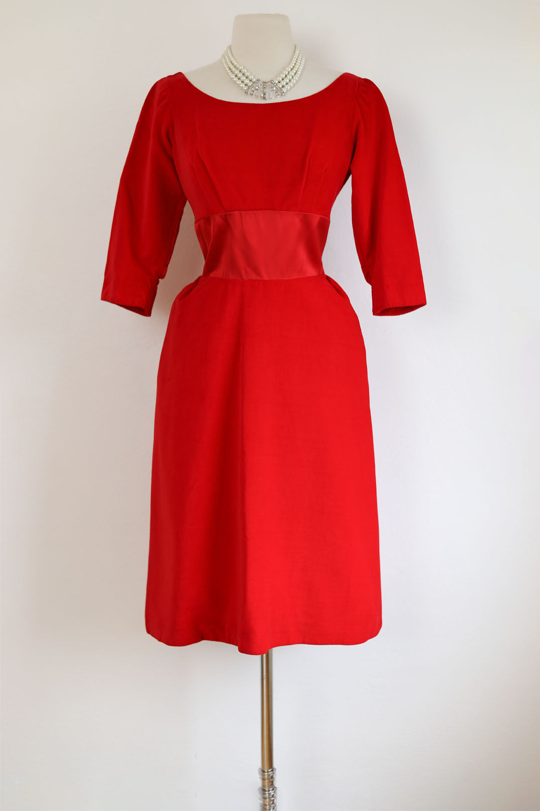 Vintage 1950s Dress - Dreamy Deadstock Designer Red Velvet + Satin Trained Cocktail Party Dress Size S