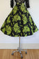 Vintage 1950s Skirt - EYE-POPPING Black Taffeta + Lurid Chartreuse Green Flocked Daffodil Flowers Size XS to S