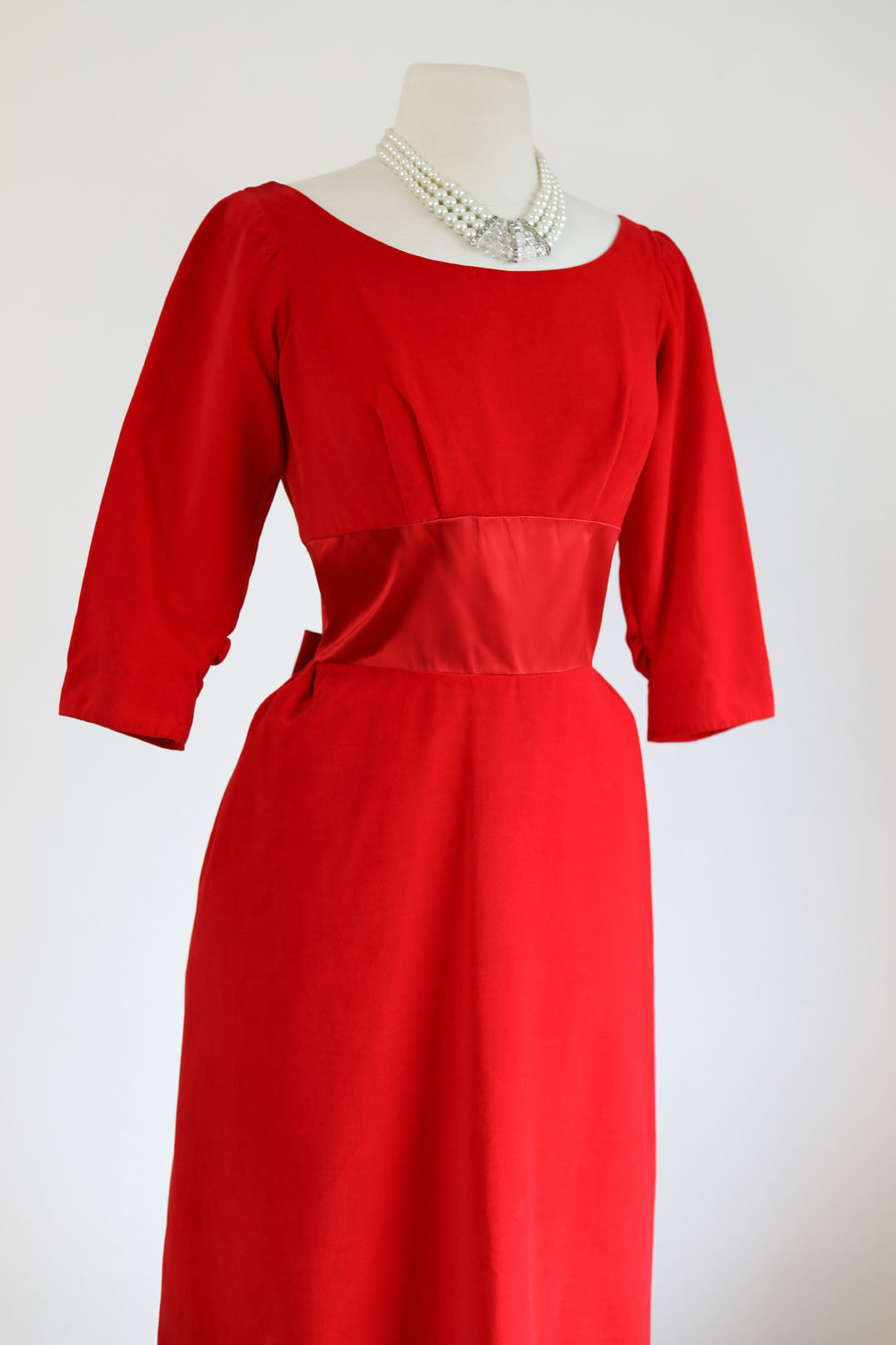 Vintage 1950s Dress - Dreamy Deadstock Designer Red Velvet + Satin Trained Cocktail Party Dress Size S