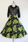 Vintage 1950s Skirt - EYE-POPPING Black Taffeta + Lurid Chartreuse Green Flocked Daffodil Flowers Size XS to S