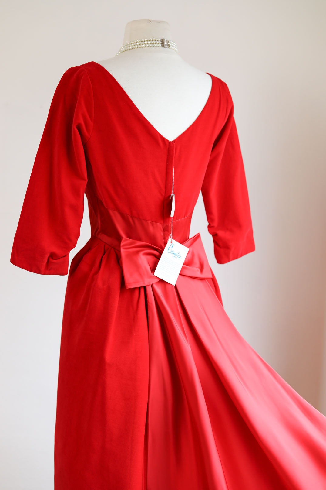 Vintage 1950s Dress - Dreamy Deadstock Designer Red Velvet + Satin Trained Cocktail Party Dress Size S