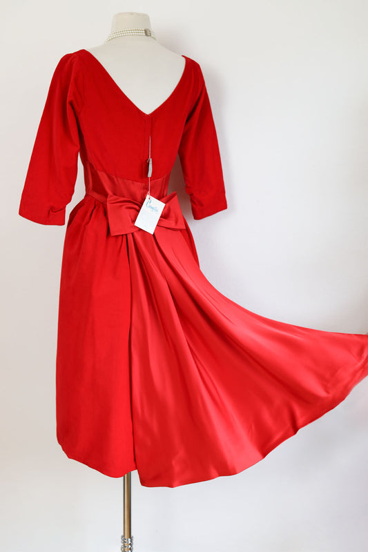 Vintage 1950s Dress - Dreamy Deadstock Designer Red Velvet + Satin Trained Cocktail Party Dress Size S