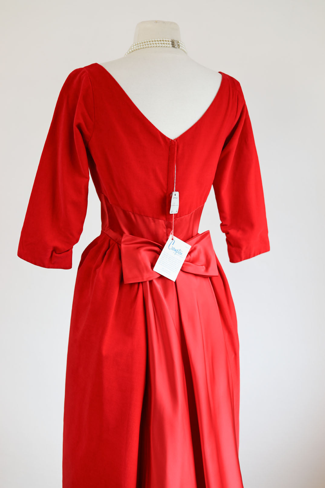 Vintage 1950s Dress - Dreamy Deadstock Designer Red Velvet + Satin Trained Cocktail Party Dress Size S