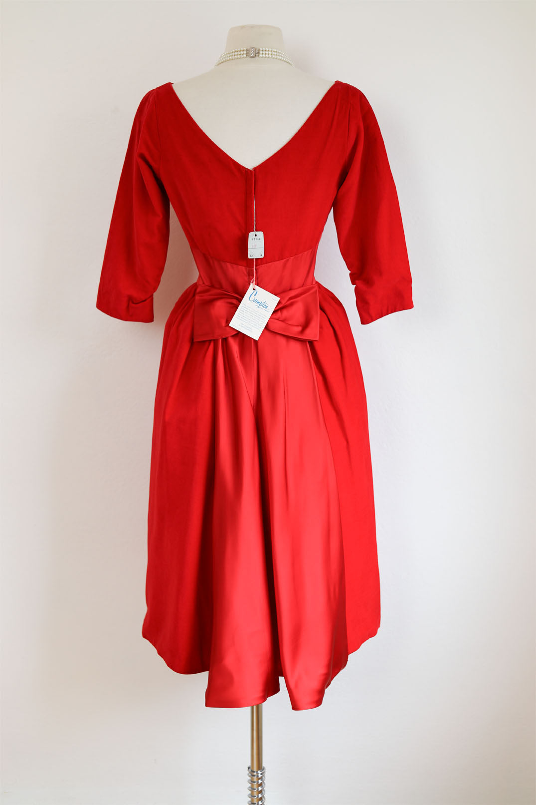 Vintage 1950s Dress - Dreamy Deadstock Designer Red Velvet + Satin Trained Cocktail Party Dress Size S
