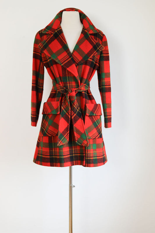 Vintage 1970s Tartan Princess Coat - Rare Red Plaid Belted Wrap Car Coat w Pockets Size S to M