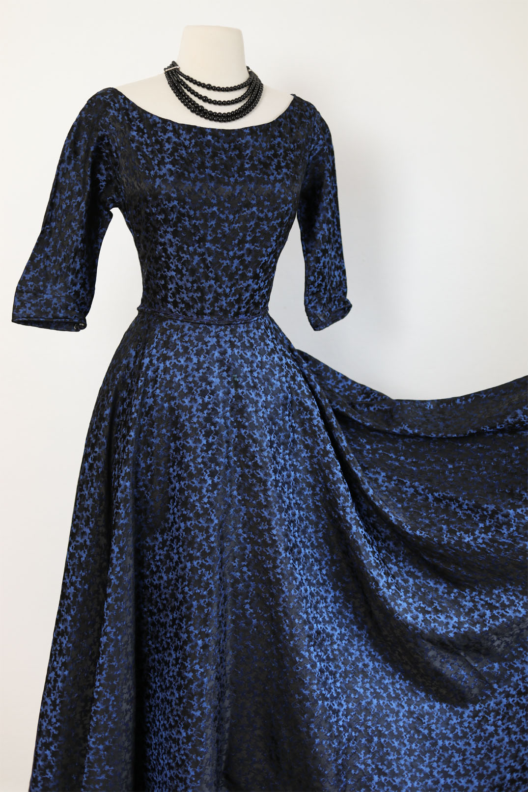 Vintage 1950s Dress - Sapphire + Black Brocade Ball Gown w Basque Maxi Waist Size S to M