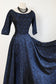 Vintage 1950s Dress - Sapphire + Black Brocade Ball Gown w Basque Maxi Waist Size S to M
