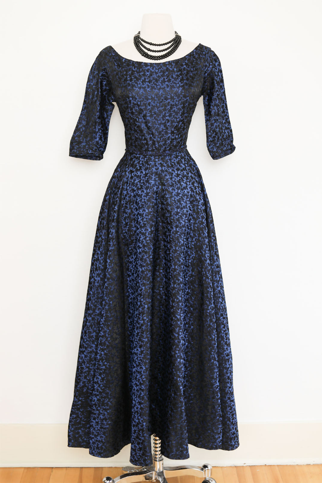 Vintage 1950s Dress - Sapphire + Black Brocade Ball Gown w Basque Maxi Waist Size S to M