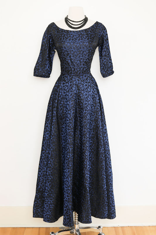 Vintage 1950s Dress - Sapphire + Black Brocade Ball Gown w Basque Maxi Waist Size S to M