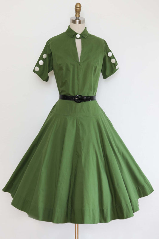 Vintage 1950s Glass Original Dress - VIVACIOUS Olive Green w White Pearl Lucite Buttons + Caged Neck Size S to M