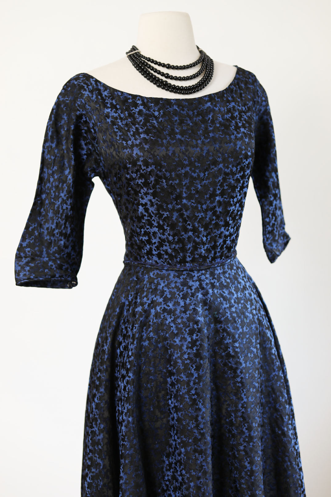 Vintage 1950s Dress - Sapphire + Black Brocade Ball Gown w Basque Maxi Waist Size S to M