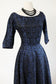 Vintage 1950s Dress - Sapphire + Black Brocade Ball Gown w Basque Maxi Waist Size S to M