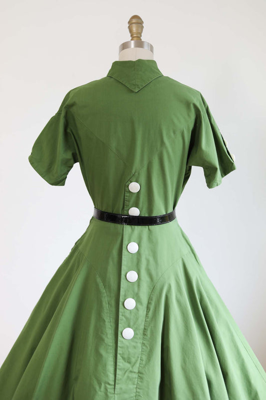 Vintage 1950s Glass Original Dress - VIVACIOUS Olive Green w White Pearl Lucite Buttons + Caged Neck Size S to M