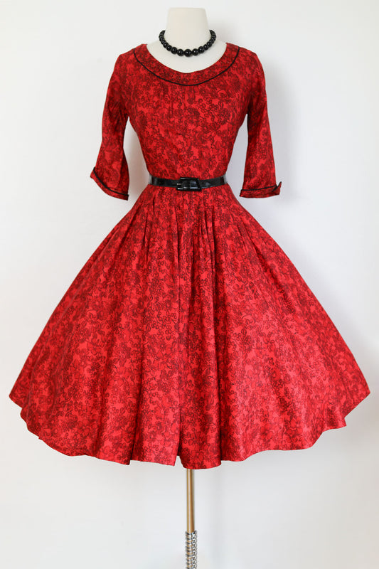Vintage 1950s Dress - Rustling Deep Scarlet + Black Floral Dress w "Ruby" Rhinestones Size S to M